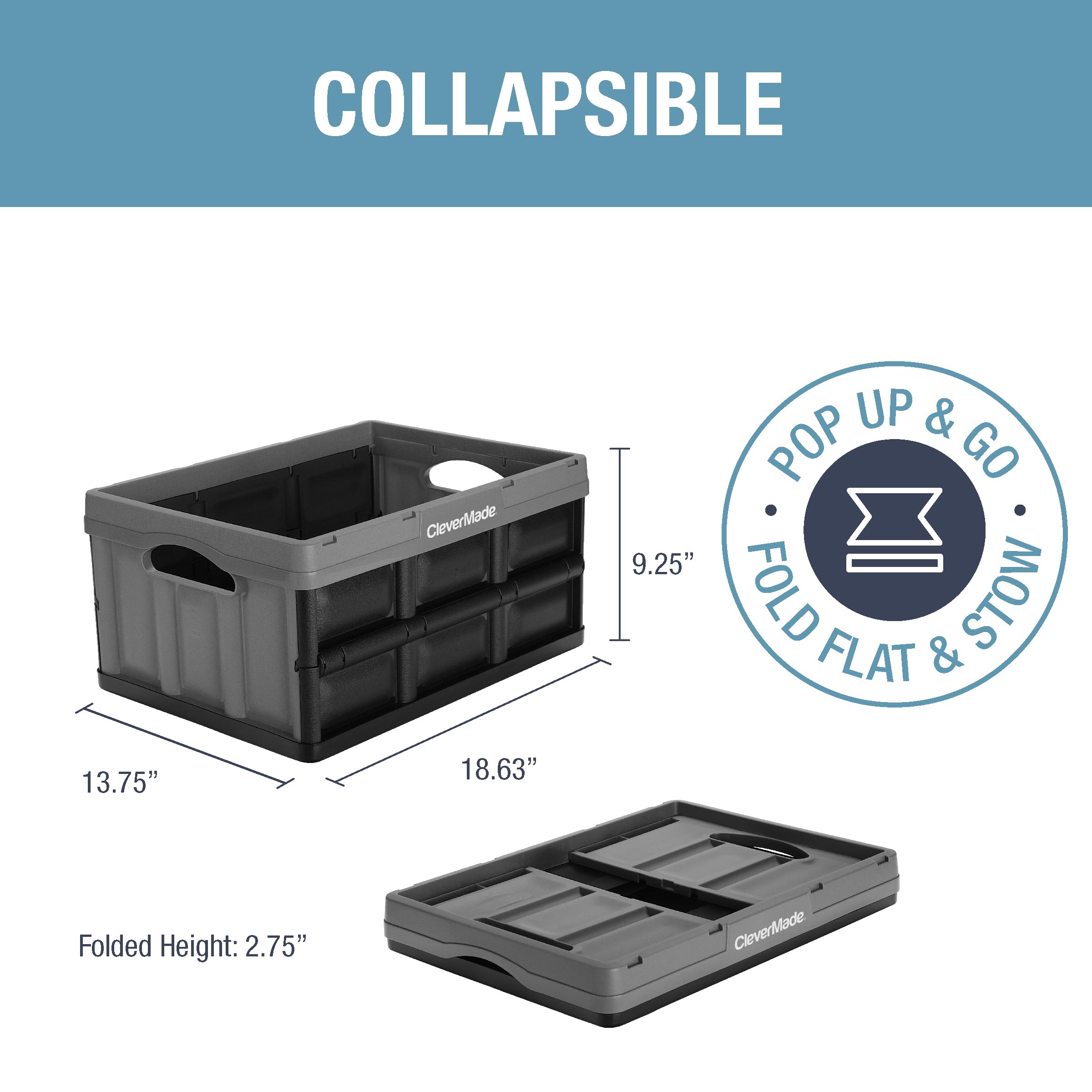 Clevermade Collapsible Storage Bin, Stone, 3Pk - 32L (8 Gal) Stackable Storage Containers, Holds 66Lbs Per Bin - Plastic Storage